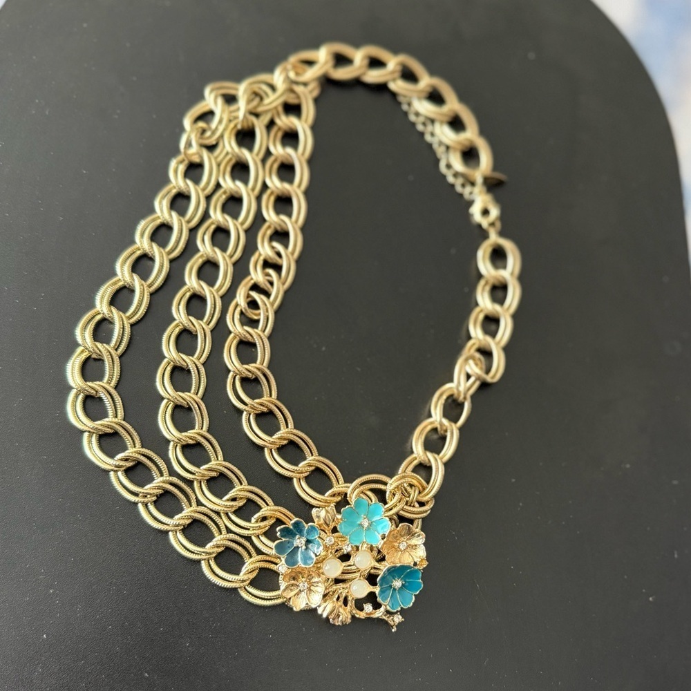 NY Gold Floral Statement Necklace Bag Charm with Turquoise Enamel Flowers - Picture 6 of 8